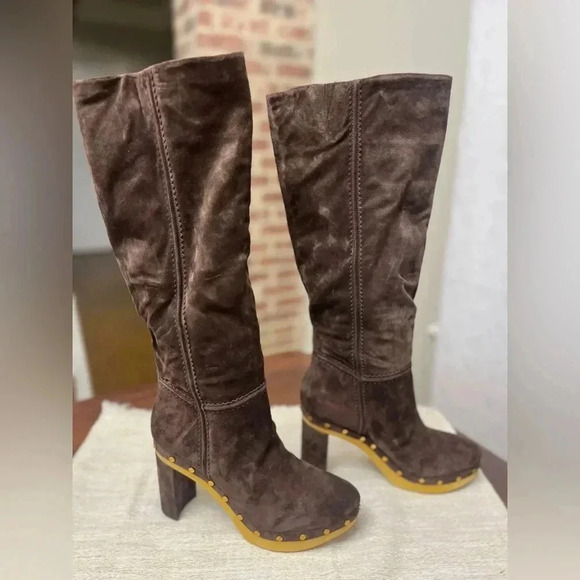 Veronica Beard Glendale Suede Clog Knee Boots Size 10 Expresso Designer Boho New - Picture 2 of 16